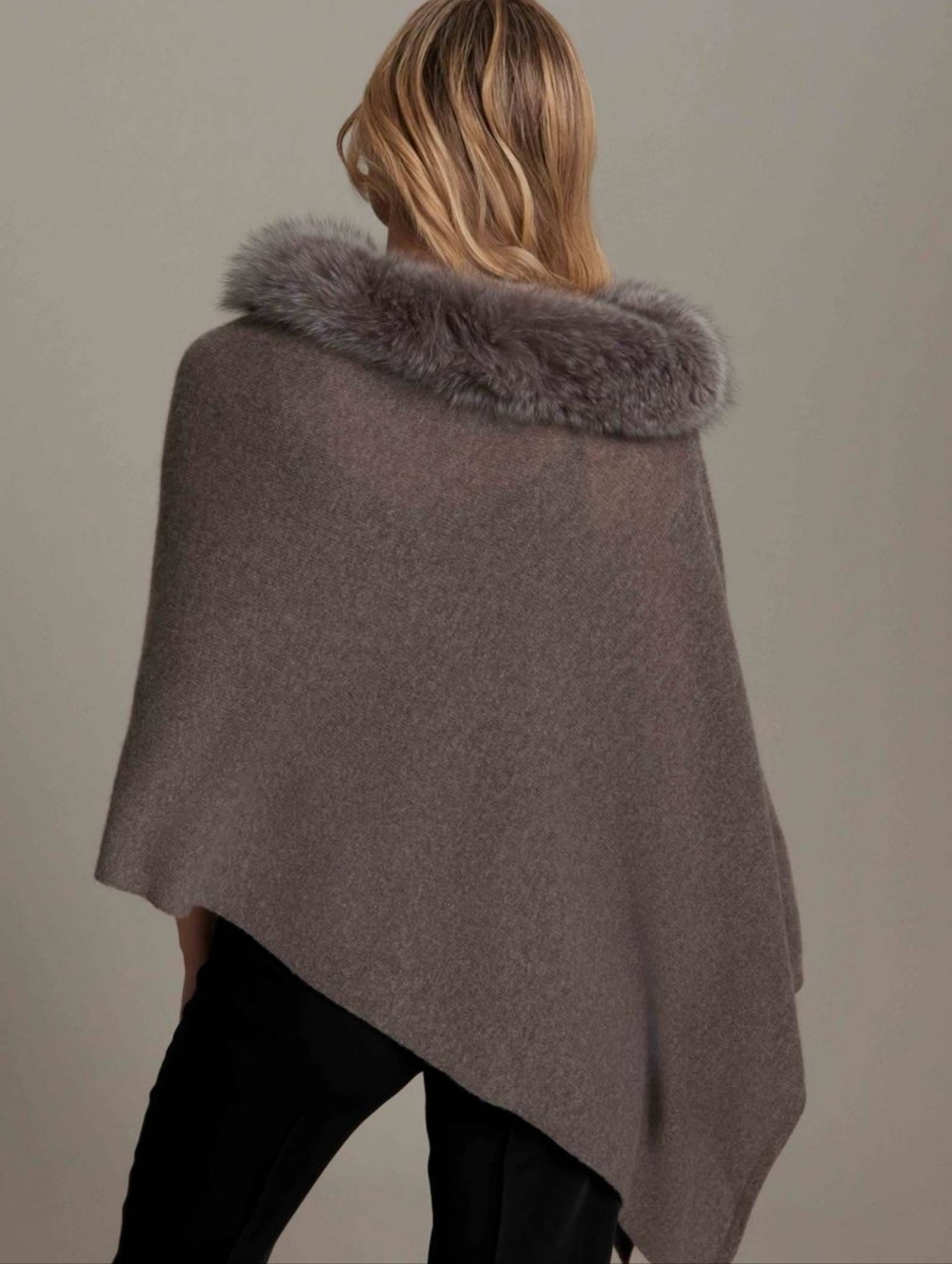 Alashan 100% Cashmere Fox Trim Brown Poncho Topper Lightweight Sweater - Picture 2 of 12